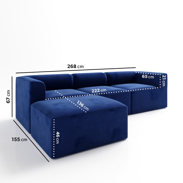 Navy Blue Velvet 4 Seater Left Hand Facing L Shaped Modular Sofa - Hendrix