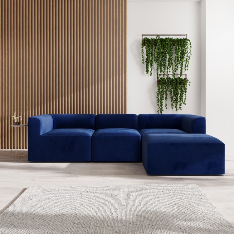 Navy Blue Velvet 4 Seater Left Hand Facing L Shaped Modular Sofa - Hendrix