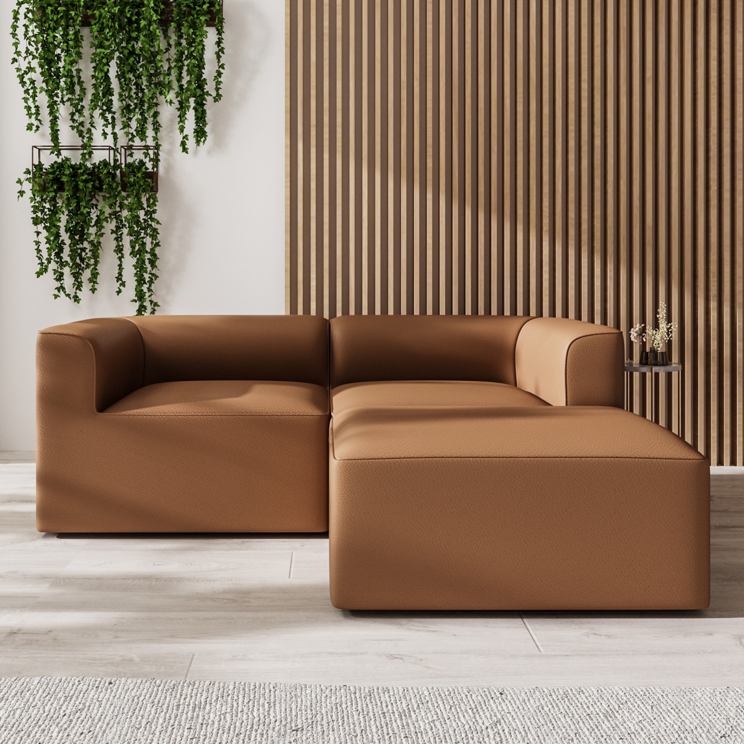 3 Seater Left Hand Facing L Shaped Modular Sofa in Tan Faux Leather Hendrix
