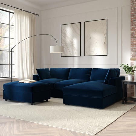 Right Hand Chaise Corner Sofa and Footstool Set in Navy Velvet August Page 1 BuyItDirect.ie
