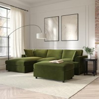 Left Hand Chaise Corner Sofa and Footstool Set in Green Velvet - August Left Hand Chaise Corner Sofa and Footstool Set in Green Velvet - August