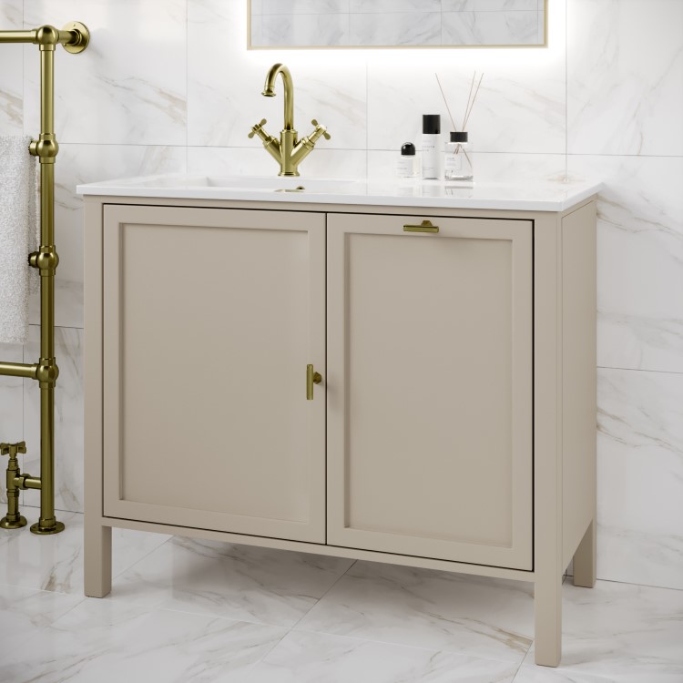 1000mm Beige Freestanding Vanity Unit with Basin and Laundry Hamper - Sofia