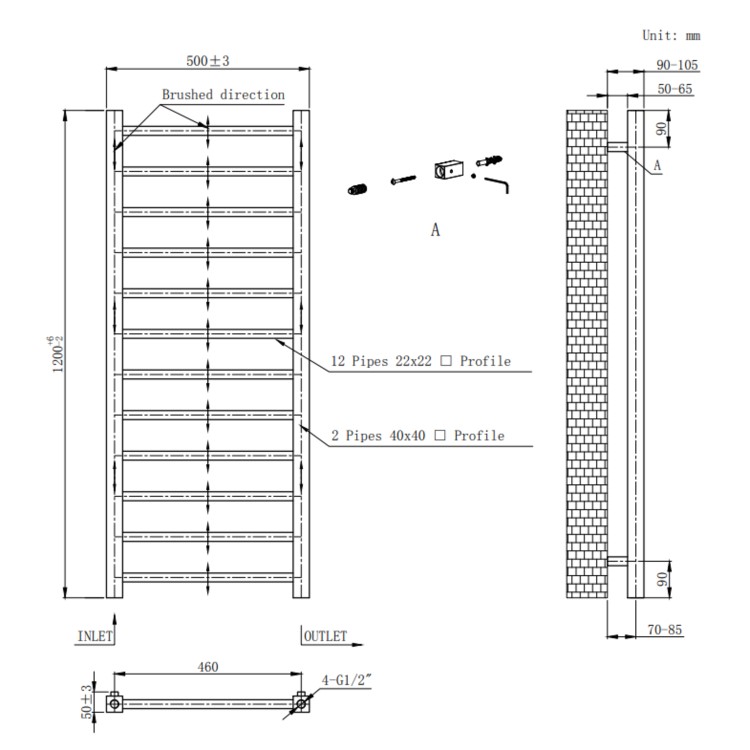 Gunmetal Grey Towel Radiator 1200 x 500mm - Sonoran