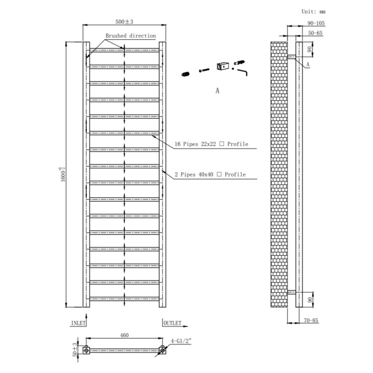 Gunmetal Grey Towel Radiator 1600 x 500mm with Pipe Kit and Straight Valves - Sonoran
