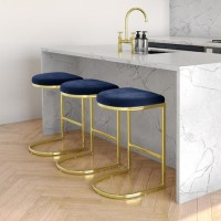 Set of 3 Navy Blue Velvet Kitchen Counter Stool - 66cm - Stella