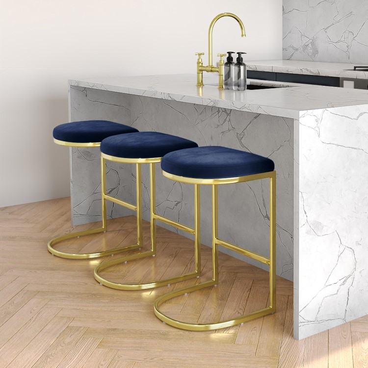 Set of 3 Navy Blue Velvet Kitchen Counter Stool - 66cm - Stella