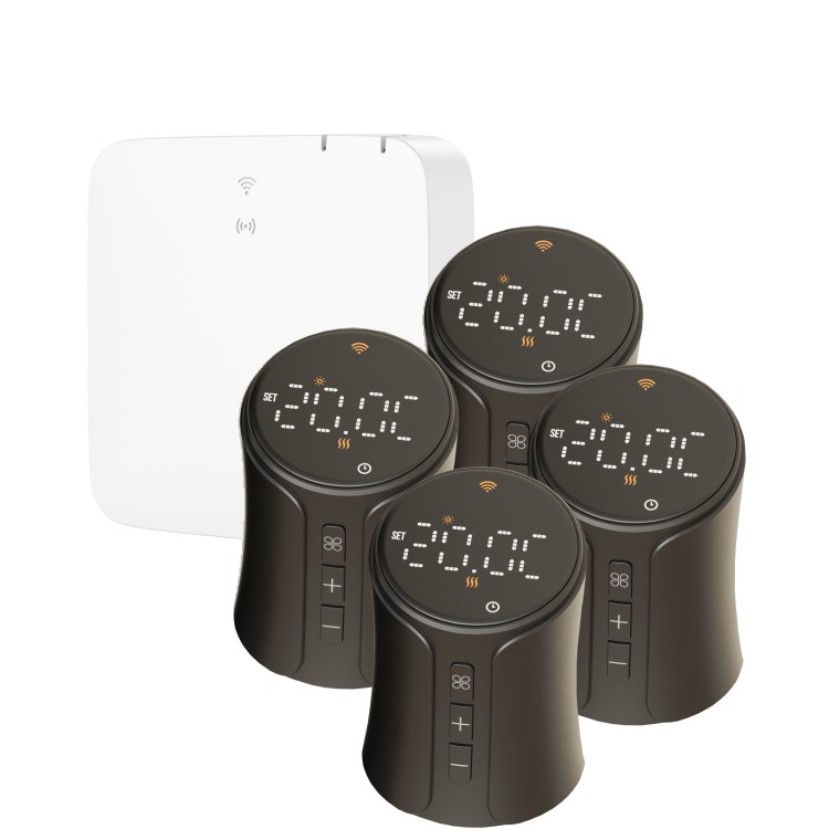electriQ Smart TRV Valves (4 Pairs) with Zigbee Hub - Black