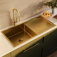 1 Bowl Brushed Brass Stainless Steel Inset Kitchen Sink with Pull Out Mixer Tap Set - Enza 1 Bowl Brushed Brass Stainless Steel Inset Kitchen Sink with Pull Out Mixer Tap Set - Enza