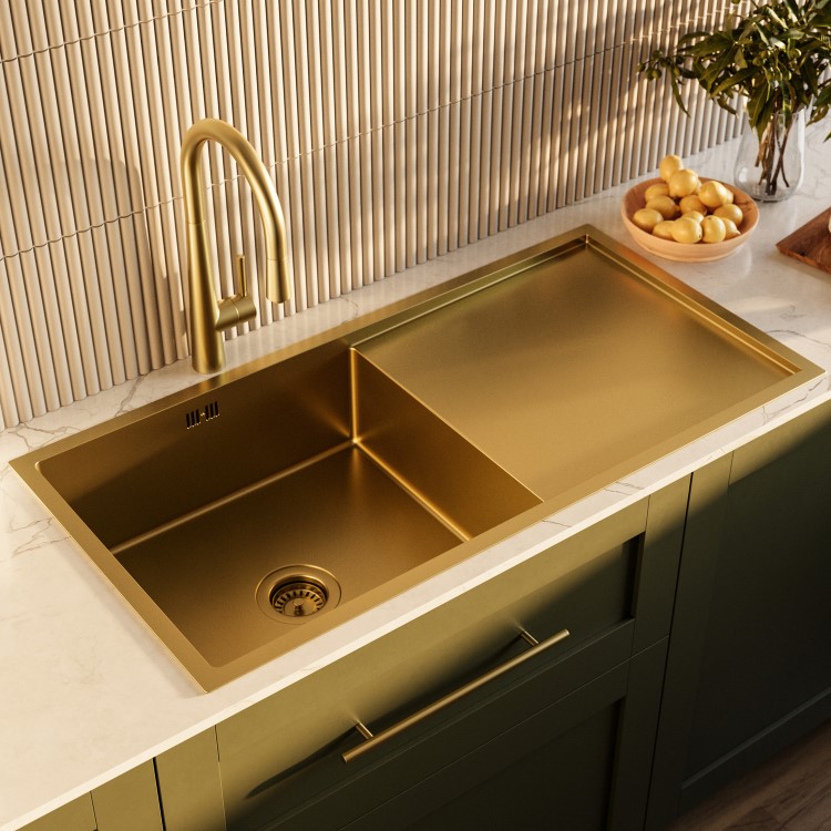 1 Bowl Brushed Brass Stainless Steel Inset Kitchen Sink with Pull Out Mixer Tap Set - Enza