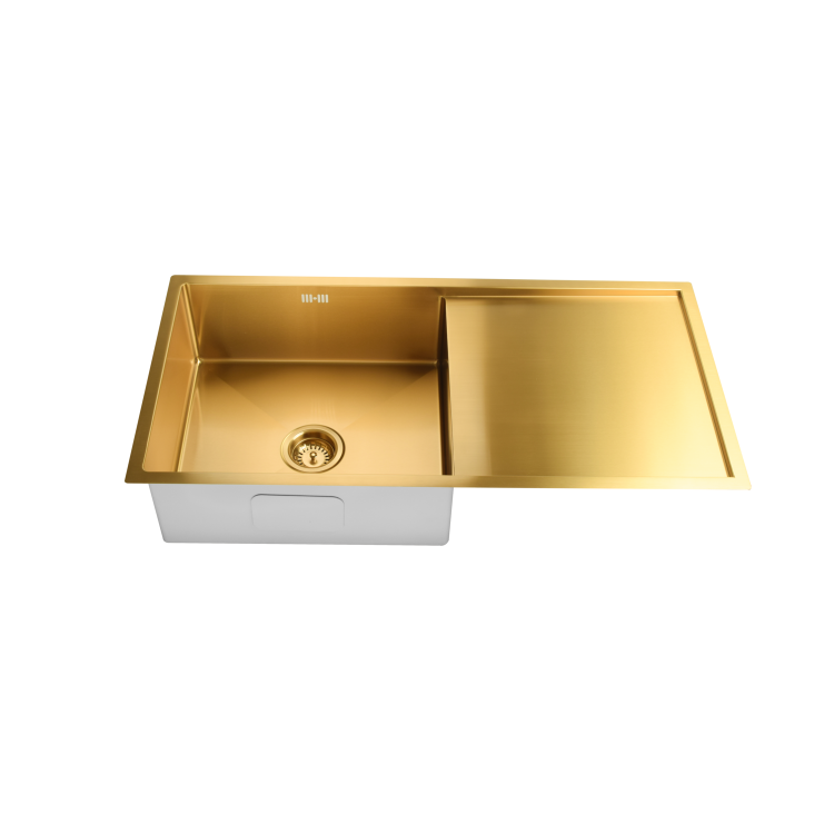 1 Bowl Brushed Brass Stainless Steel Inset Kitchen Sink with Pull Out Mixer Tap Set - Enza