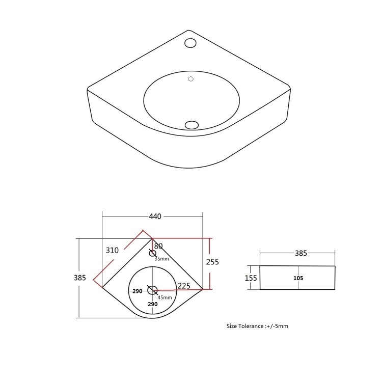GRADE A1 - White Wall Hung Corner Basin 440mm - Theo