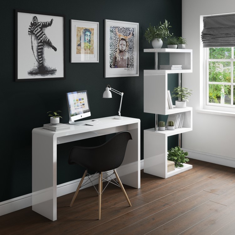 Artemis White High Gloss Bookcase with Geometric Shelf Design