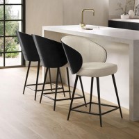 Set of 3 Beige Upholstered Kitchen Stools with Wooden Back - Tori