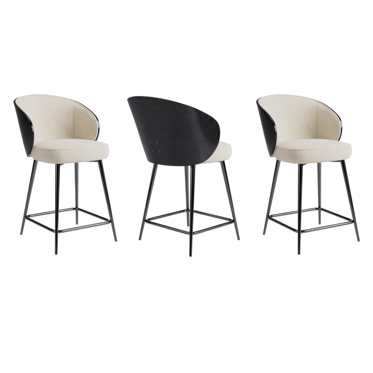Set of 3 Beige Upholstered Kitchen Stools with Wooden Back - Tori