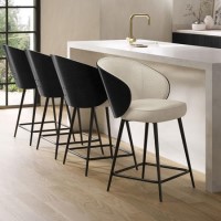 Set of 4 Beige Upholstered Kitchen Stools with Wooden Back - Tori