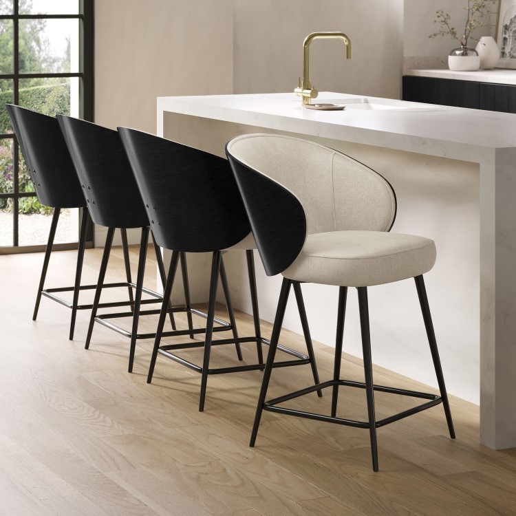 Set of 4 Beige Upholstered Kitchen Stools with Wooden Back - Tori
