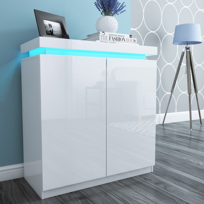 High Gloss White Storage Sideboard with LED Lighting - Tiffany