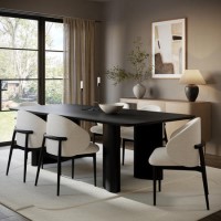 Large Rectangular Black Wooden Dining Table Set with 6 Cream and Black Upholstered Chairs - Seats 6 - Troy
