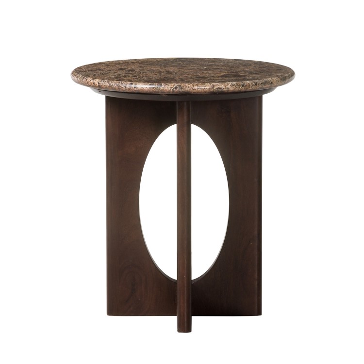 Round Brown Marble and Walnut Side Table - Ivan