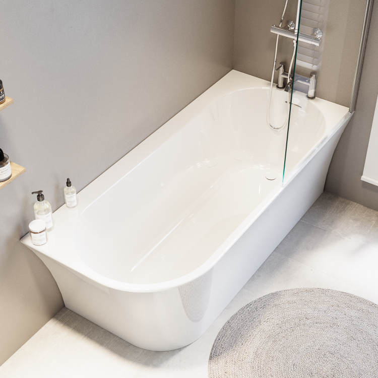 Freestanding Shower Bath Single Ended Right Hand Corner with Chrome Bath Screen 1700 x 750mm - Vigo