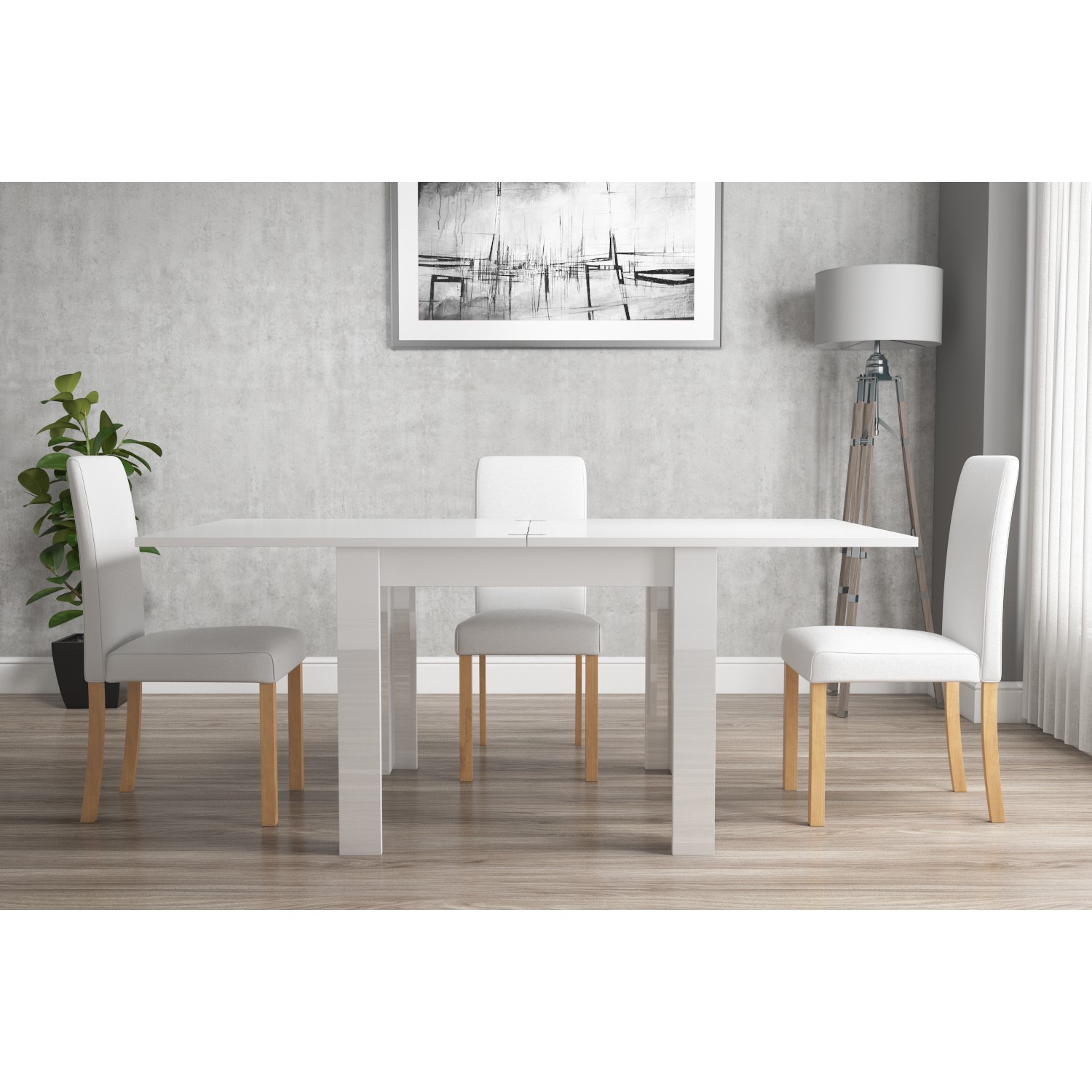 Vivienne FlipTop White Gloss Dining Table + 4 White PU Leather Chairs