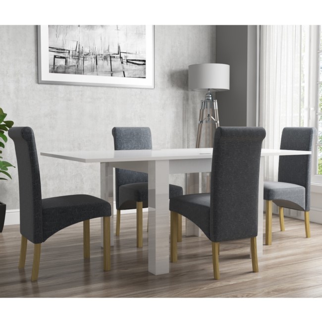 Flip Top Dining Table in White High Gloss with 4 Rollback Grey Chairs - Vivienne & New Haven