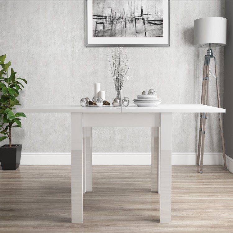 Flip Top Dining Table in White High Gloss with 4 Rollback Grey Chairs - Vivienne & New Haven
