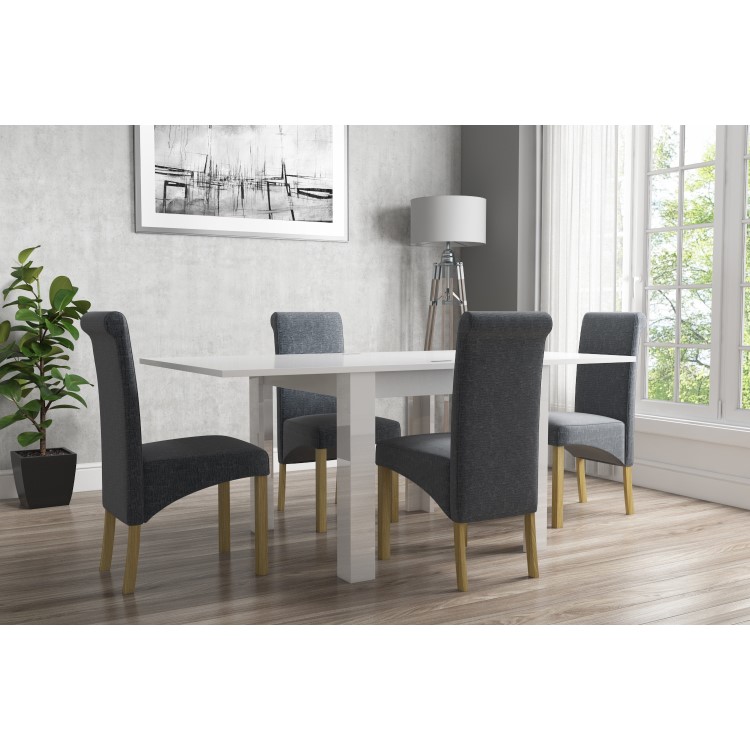 Flip Top Dining Table in White High Gloss with 4 Rollback Grey Chairs - Vivienne & New Haven