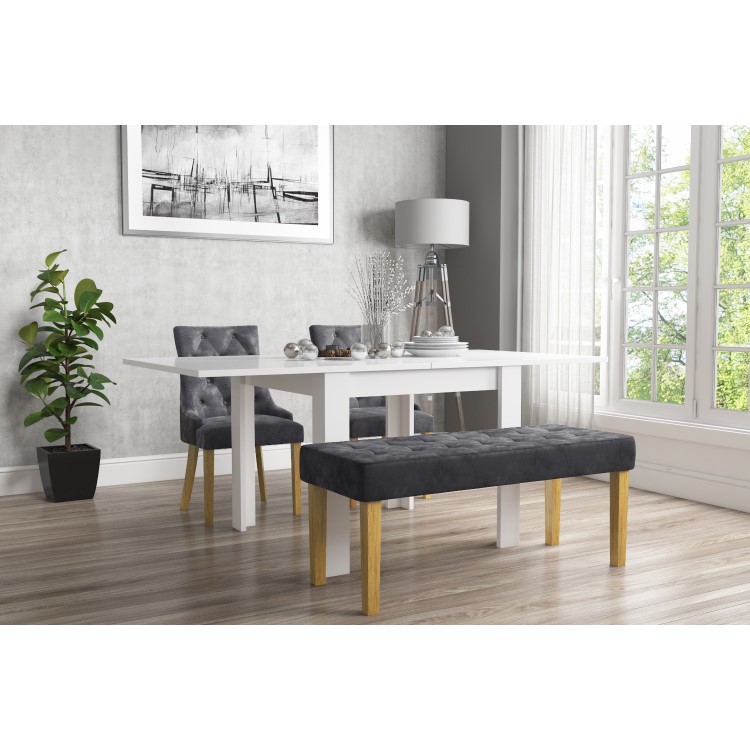 Flip Top Dining Table in White High Gloss with 2 Grey Velvet Chairs & 1 Bench - Vivienne & Kaylee