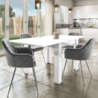 White Gloss Extendable Dining Table with 4 Grey Velvet Dining Chairs - Vivienne