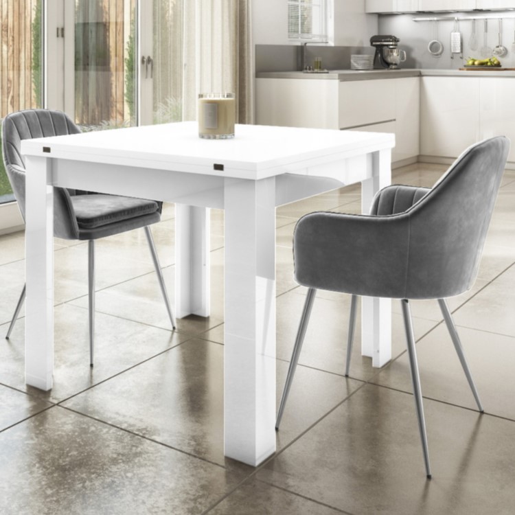 White High Gloss Extendable Dining Set with 2 Grey Velvet Dining Chairs - Vivienne