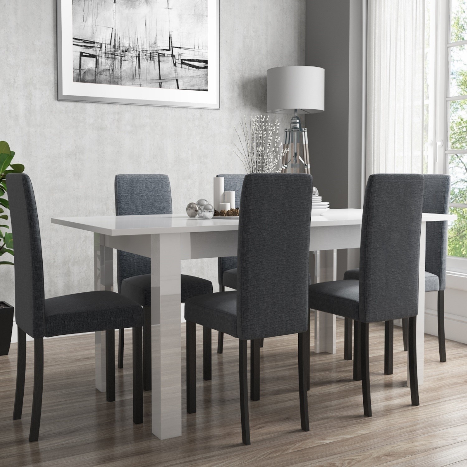 Extendable Dining Table In White High Gloss With 6 Grey Chairs White High Gloss With 6 Grey Chairs