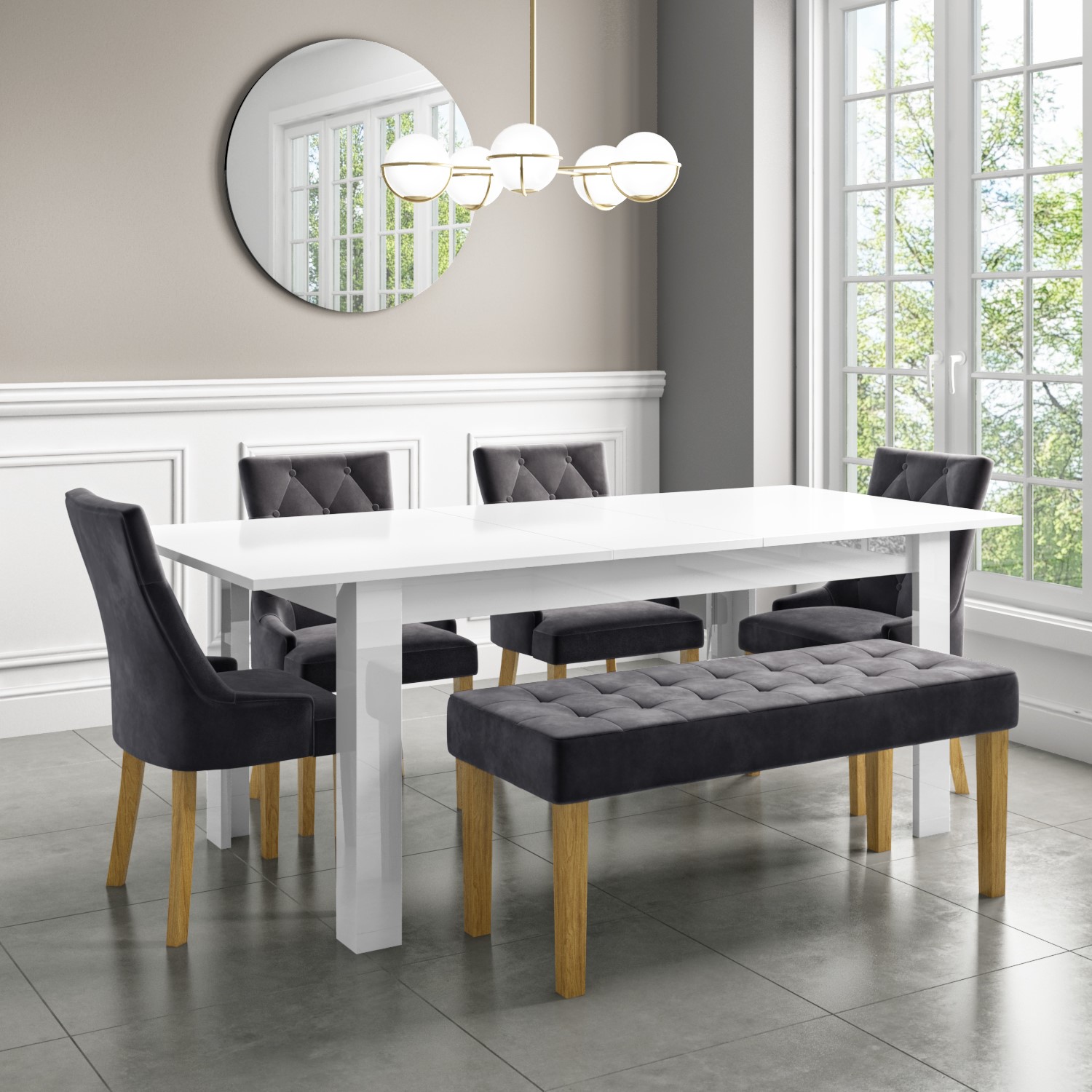 Extendable Dining Table In White High Gloss With 4 Grey Velvet Chairs 1 Bench Vivienne Kaylee Buyitdirectie Extendable Dining Table In White High Gloss With 4 Grey Velvet Chairs 1 Bench Vivienne Kaylee Buyitdirectie