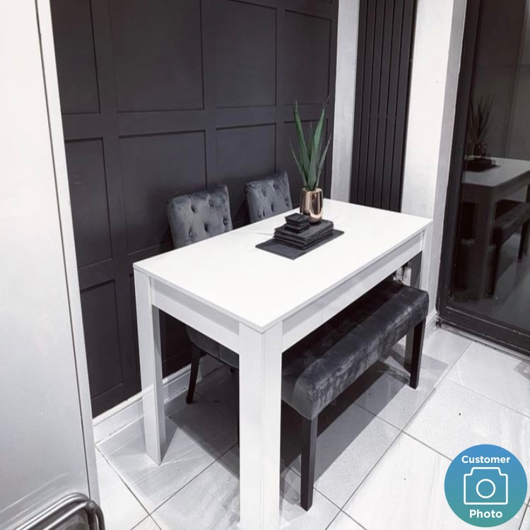 White Goss Extendable Dining Table with 2 Grey Velvet Dining Chairs and Matching Bench - Kaylee