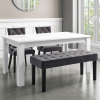 White Goss Extendable Dining Table with 2 Grey Velvet Dining Chairs and Matching Bench - Kaylee