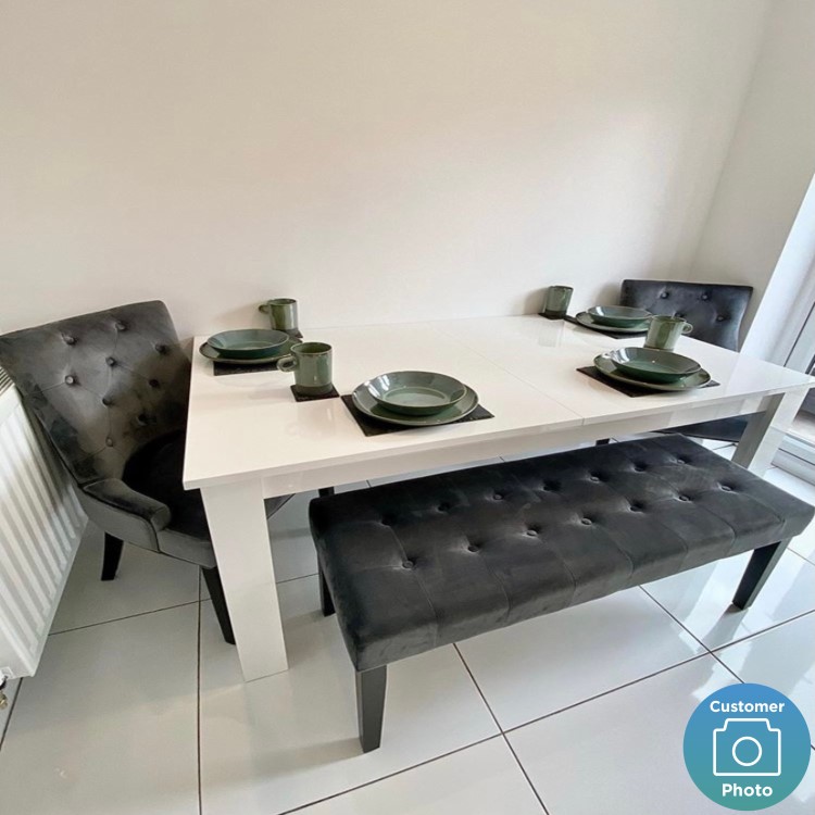 White Goss Extendable Dining Table with 2 Grey Velvet Dining Chairs and Matching Bench - Kaylee