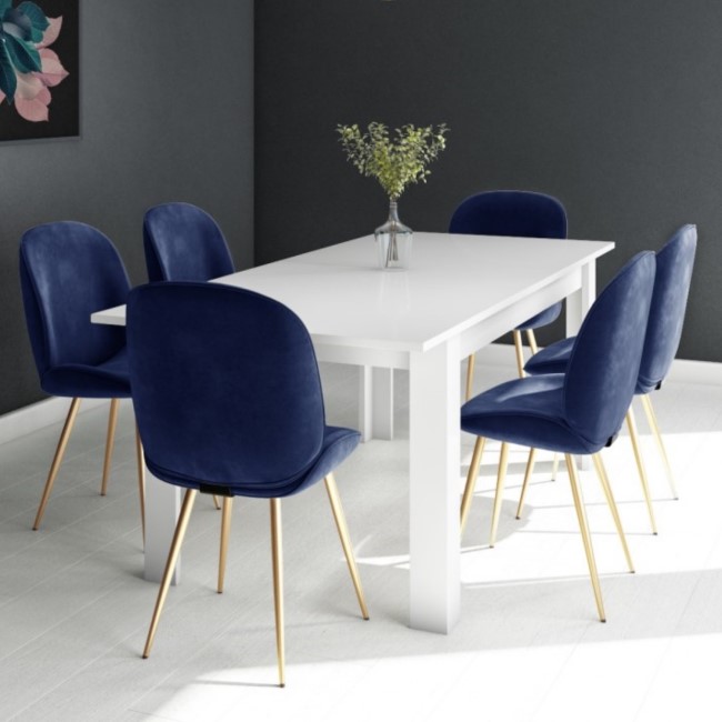 White Extendable Dining Table with 6 Gold & Blue Velvet Chairs - Vivienne & Jenna