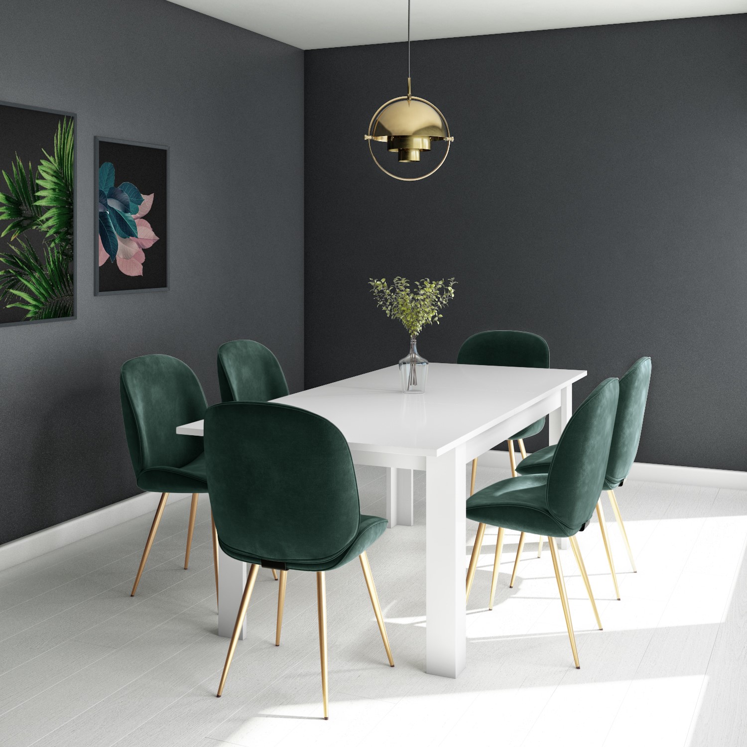 White Extendable Dining Table with Gold Green Velvet Chairs
