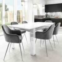 White Gloss Extendable Dining Table Set with 6 Grey Velvet Chairs - Seats 6 - Vivienne