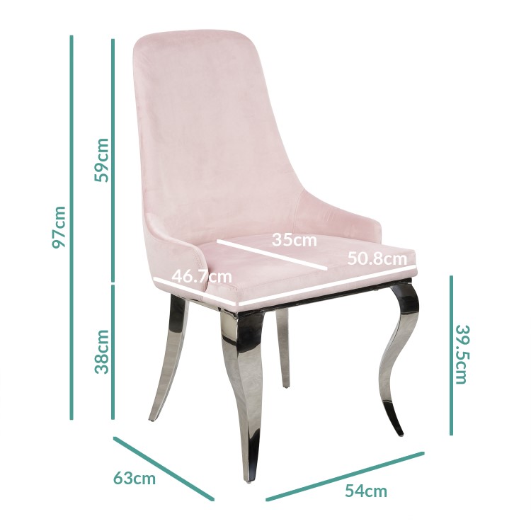 White Extendable Dining Table with 6 Pink Velvet Chairs with Chrome Legs
