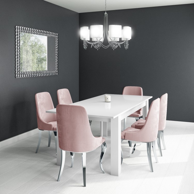 White Extendable Dining Table with 6 Pink Velvet Chairs with Chrome Legs