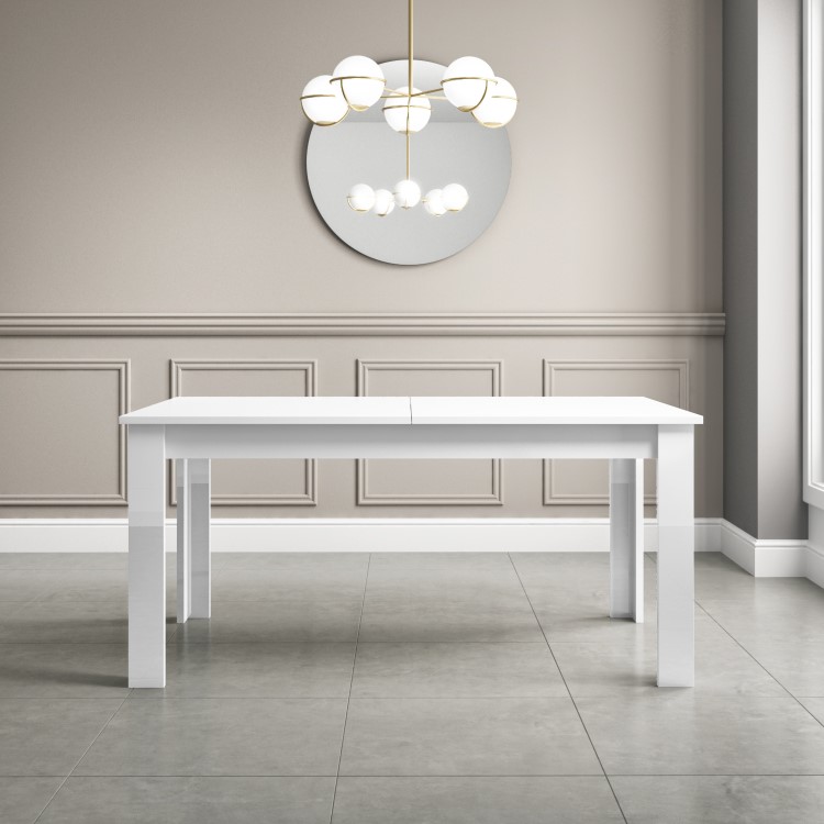 White Gloss Extendable Dining Table with 2 Grey Velvet Dining Benches - Seats 4 - Vivienne