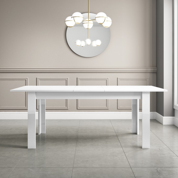 White Gloss Extendable Dining Table with 2 Grey Velvet Dining Benches - Seats 4 - Vivienne