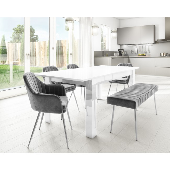 White Gloss Extendable Dining Table with 4 Grey Velvet Dining Chairs & 1 Matching Dining Bench - Vivienne