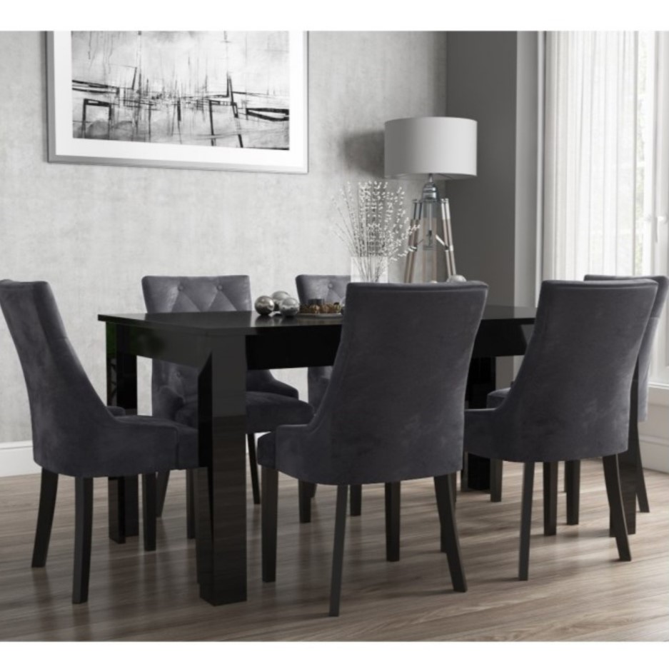 Extendable Dining Table in Black High Gloss with 6 Grey Velvet Chairs Vivienne & Kaylee