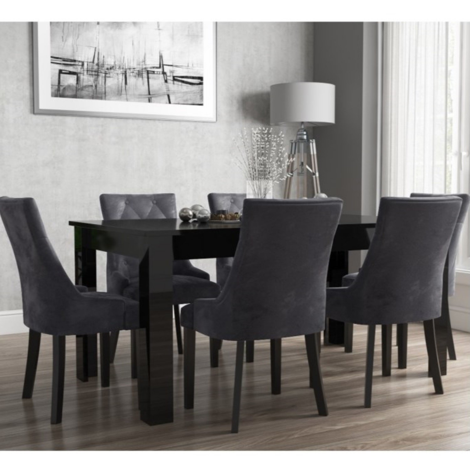 Extendable Dining Table In Black High, 6 X Black Dining Chairs