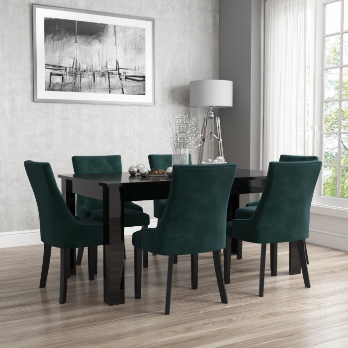 Vivienne Extendable Black High Gloss Dining Table 6 Green Velvet Dining Table 6 Green Velvet Chairs View Larger Image