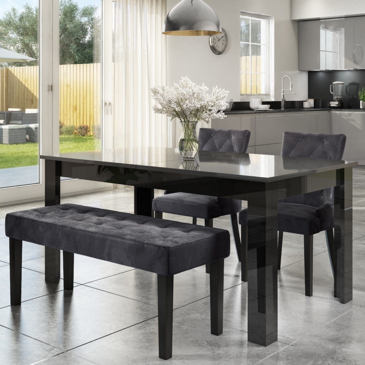 High Gloss With 2 Grey Velvet Chairs, Black High Gloss Dining Table And Chairs