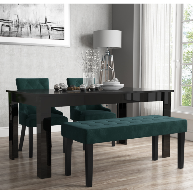 Extendable Dining Table in Black High Gloss with 2 Green Velvet Chairs & 1 Bench - Vivienne & Kaylee