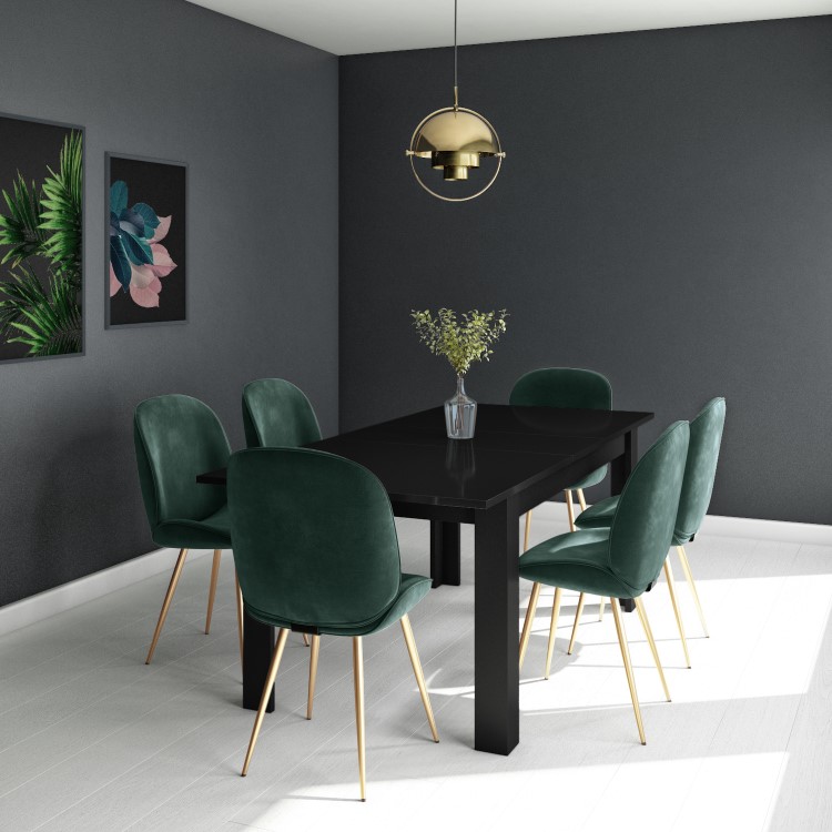 Black Extendable Dining Table with 6 Gold & Green Velvet Chairs - Vivienne & Jenna
